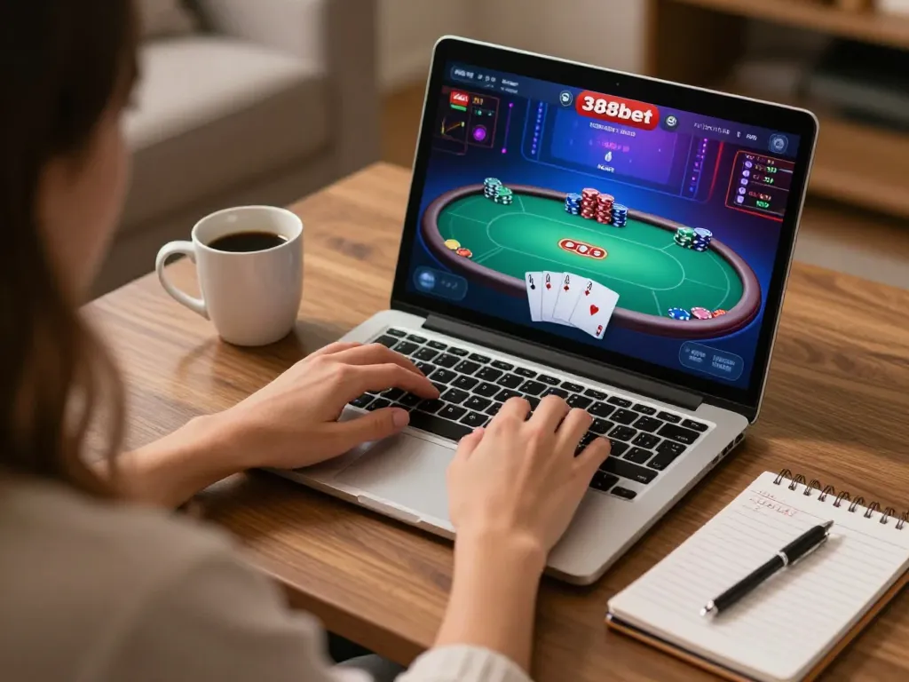 Engaging gameplay on 388bet with a player focused on online poker, showcasing strategic notes and a cozy ambiance.