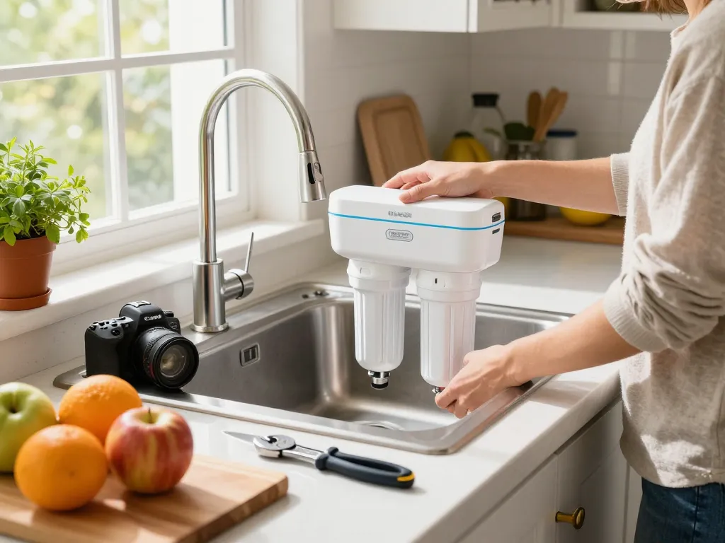 Installing the Waterdrop LT1000PC ADQ747935 MDJ64844601 Refrigerator Water Filter in a bright kitchen with fresh herbs and fruits