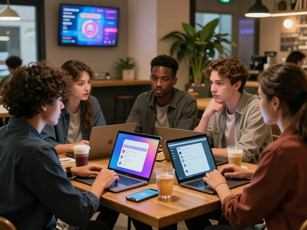 Group discussing ia +18 AI chatbots in modern coffee shop.