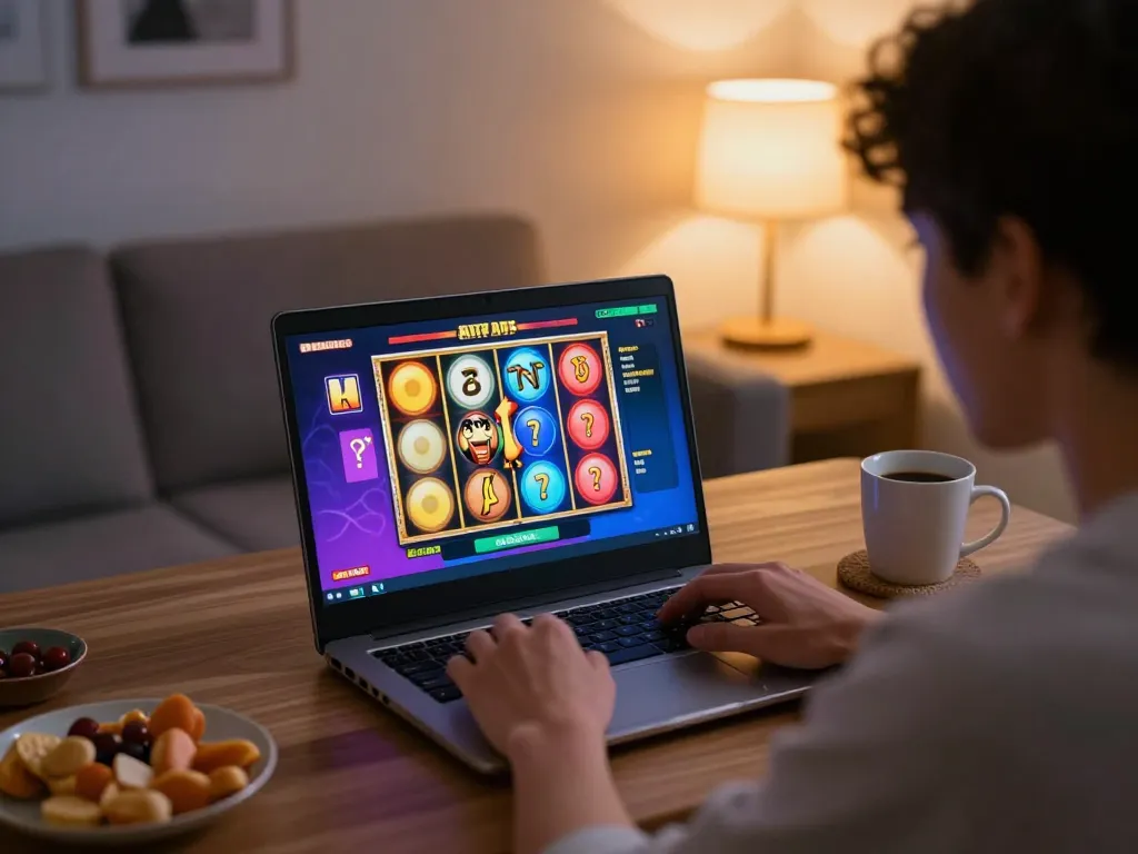 Engaged player using laptop for เว็บตรงสล็อต gaming, enjoying a cozy home setting.