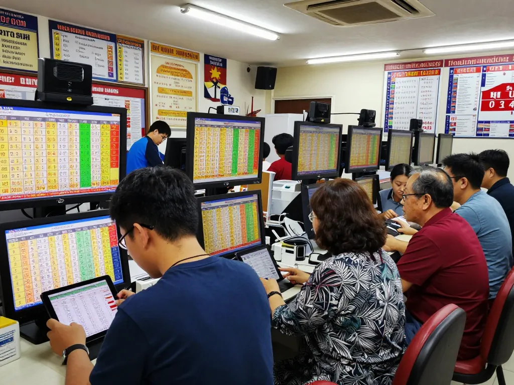 Players engaged in lottery excitement with Data HK results displayed on screens.