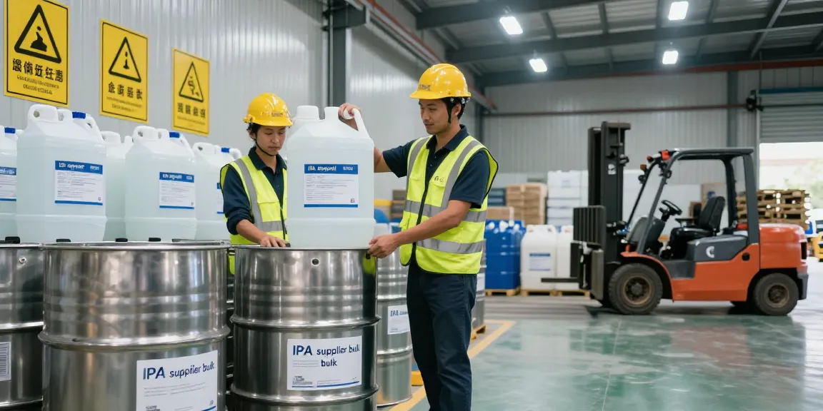 Workers at an IPA supplier bulk warehouse handling large barrels and safety equipment.