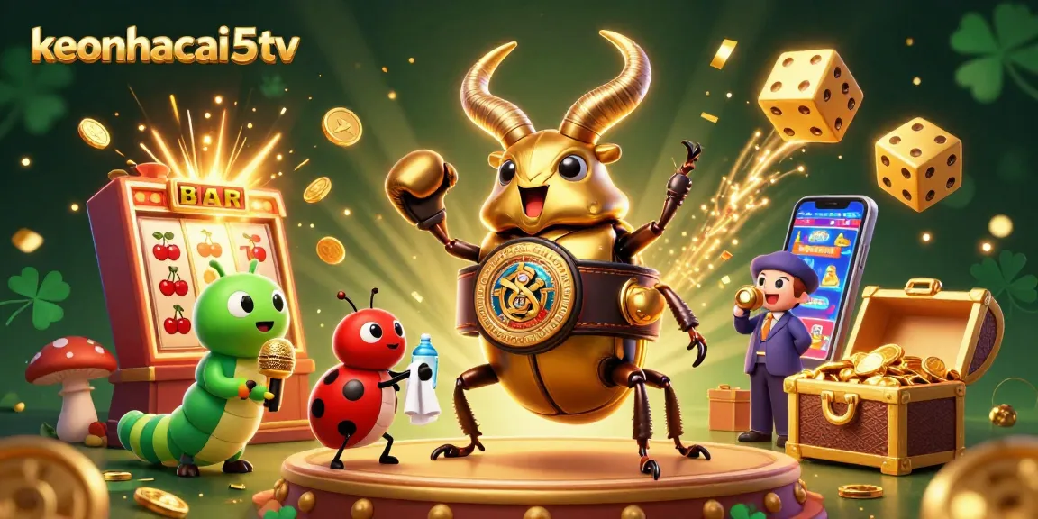 Engage with keonhacai5tv as a golden stag beetle battles for jackpot coins amid dynamic casino elements.