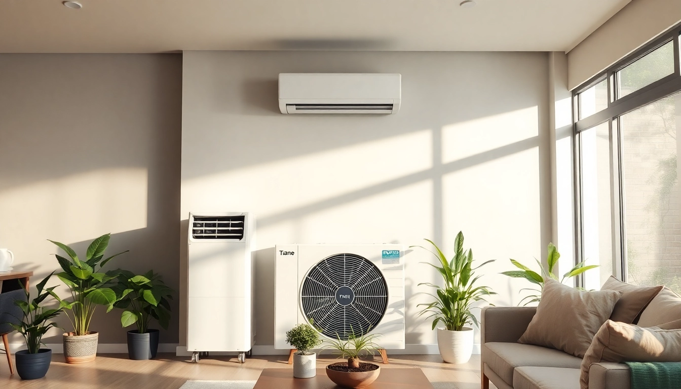 Experience the efficiency and elegance of a Trane air conditioner Canada in a contemporary setting with lush greenery.