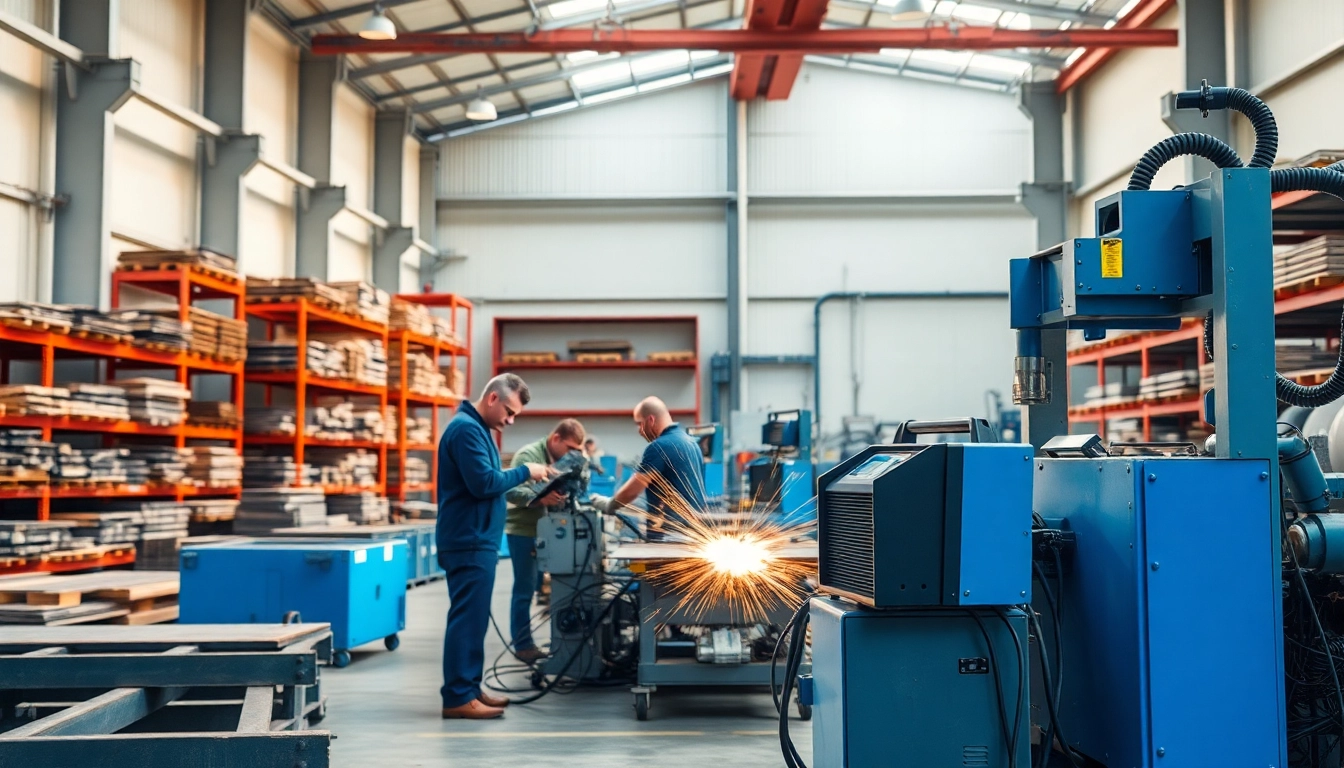 Technicians at fab u tech processing steel in a modern workshop filled with machinery.