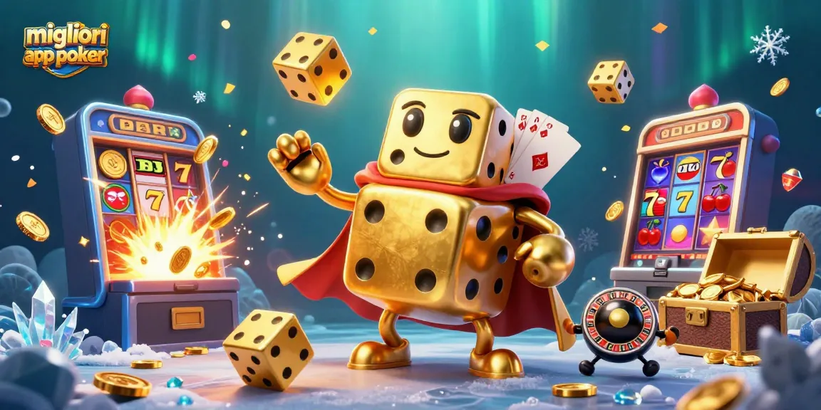 Migliori app per poker: vivaci interazioni tra dadi d'oro e forti vincite in un'illustrazione accattivante.