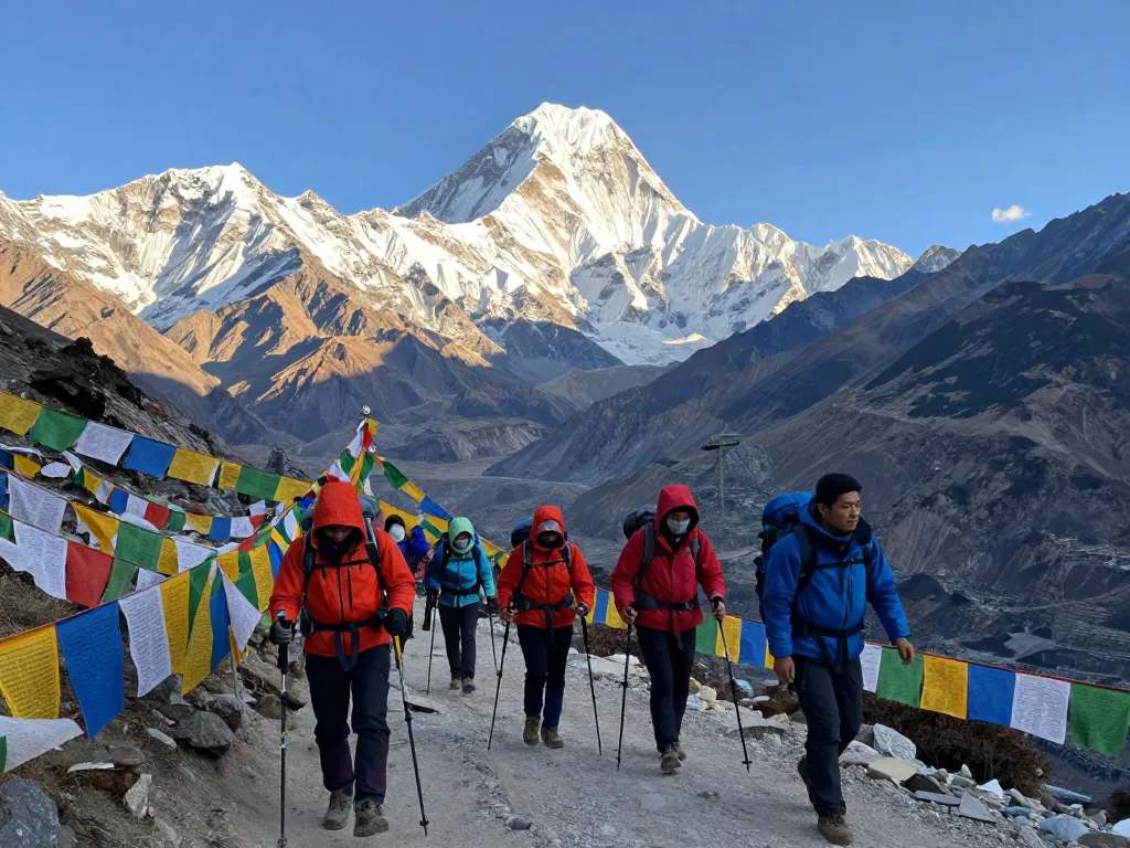 Group of trekkers on the Annapurna Circuit Trek enjoying stunning mountain views and adventure.
