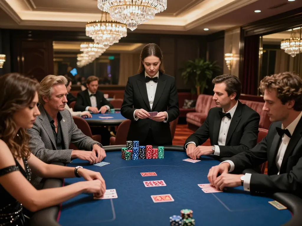 58win players engaging in intense poker gameplay with professional dealer in a luxurious casino atmosphere.