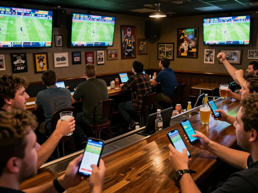 Excited patrons engaging in mobile betting at a sports bar, highlighting siti scommesse stranieri legali experiences.