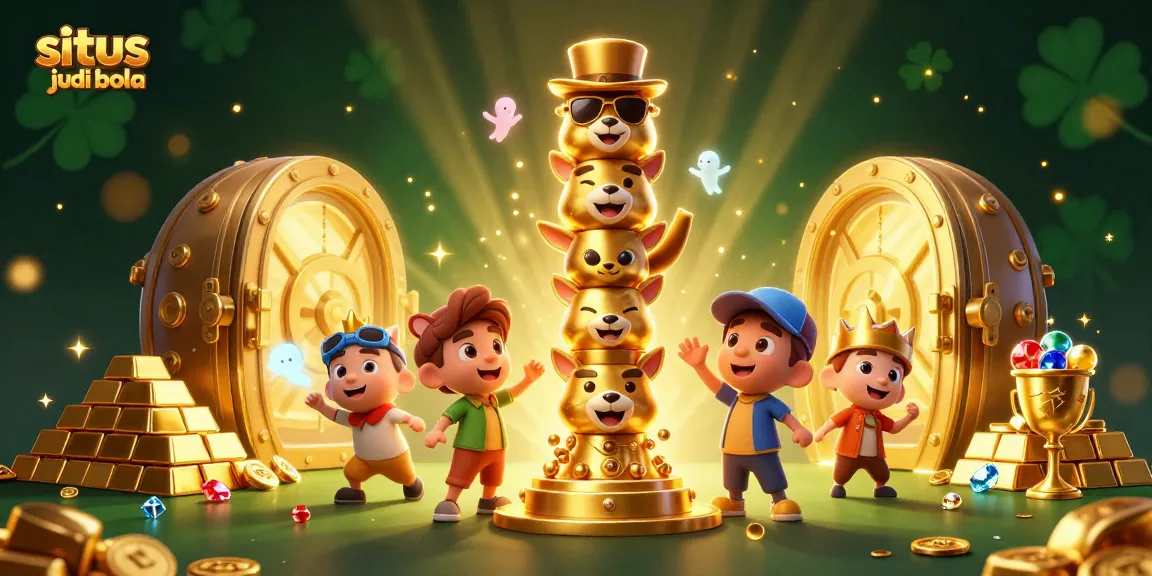 Engage with situs judi bola in a vibrant 3D casino scene full of treasures and animated characters.