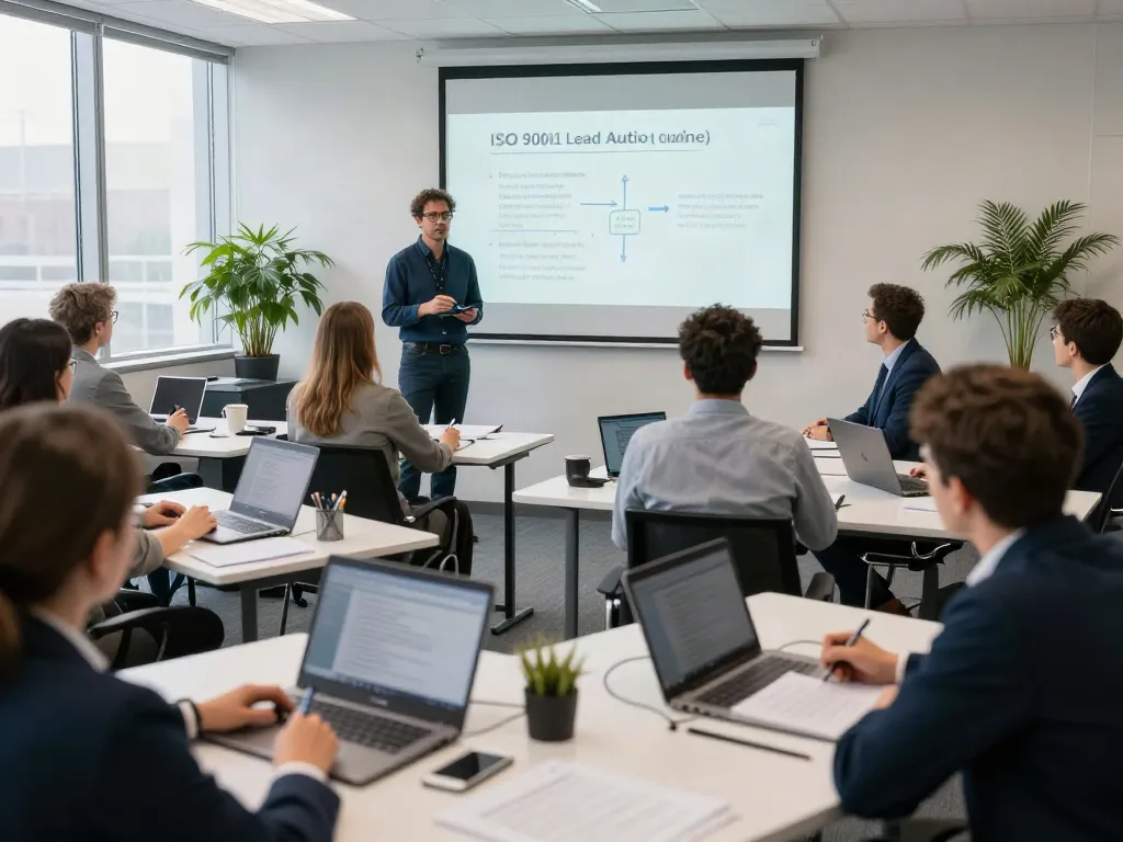 ISO 9001 Lead Auditor Course training in a modern classroom with engaged professionals learning principles.
