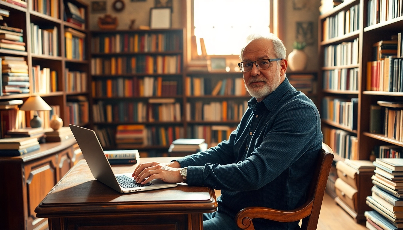Author typing on a laptop in a cozy library filled with books.
