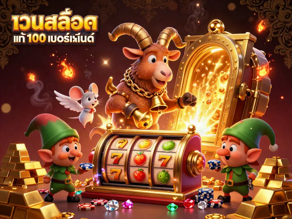 ภาพของ เว็บสล็อต แท้ 100 เปอร์เซ็นต์ ที่แสดงถึงคาสิโนที่สนุกสนานและน่าตื่นเต้นเต็มไปด้วยสัญลักษณ์สล็อต