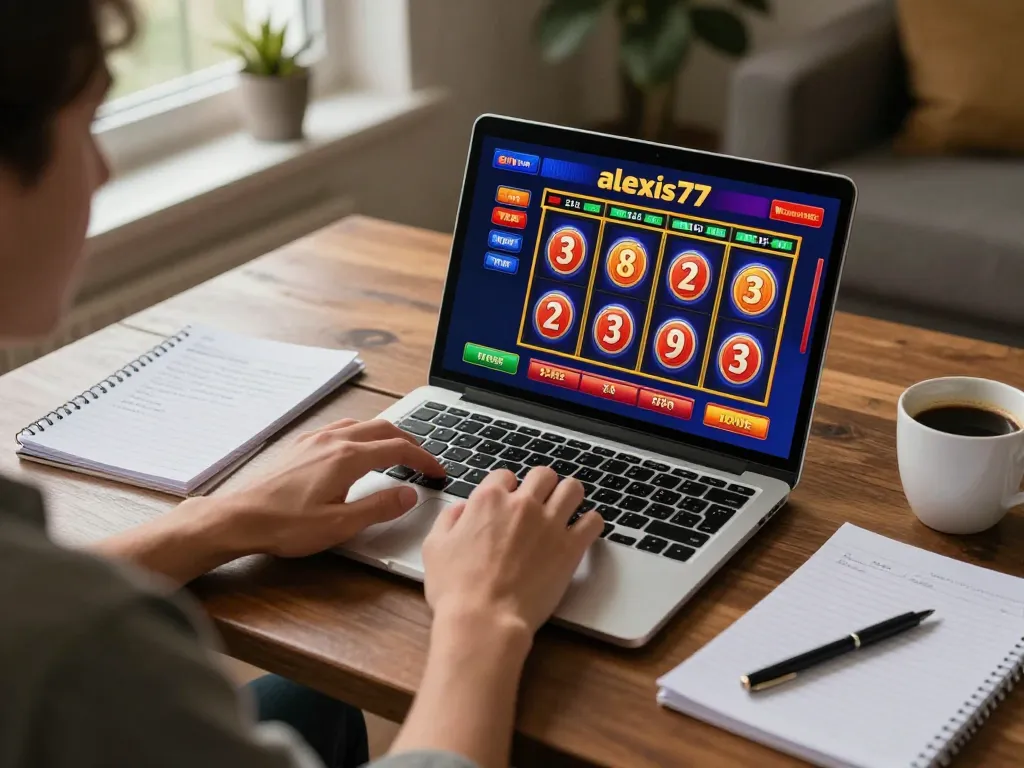 Player engaging with alexis77 slot on laptop during a cozy online gaming session.