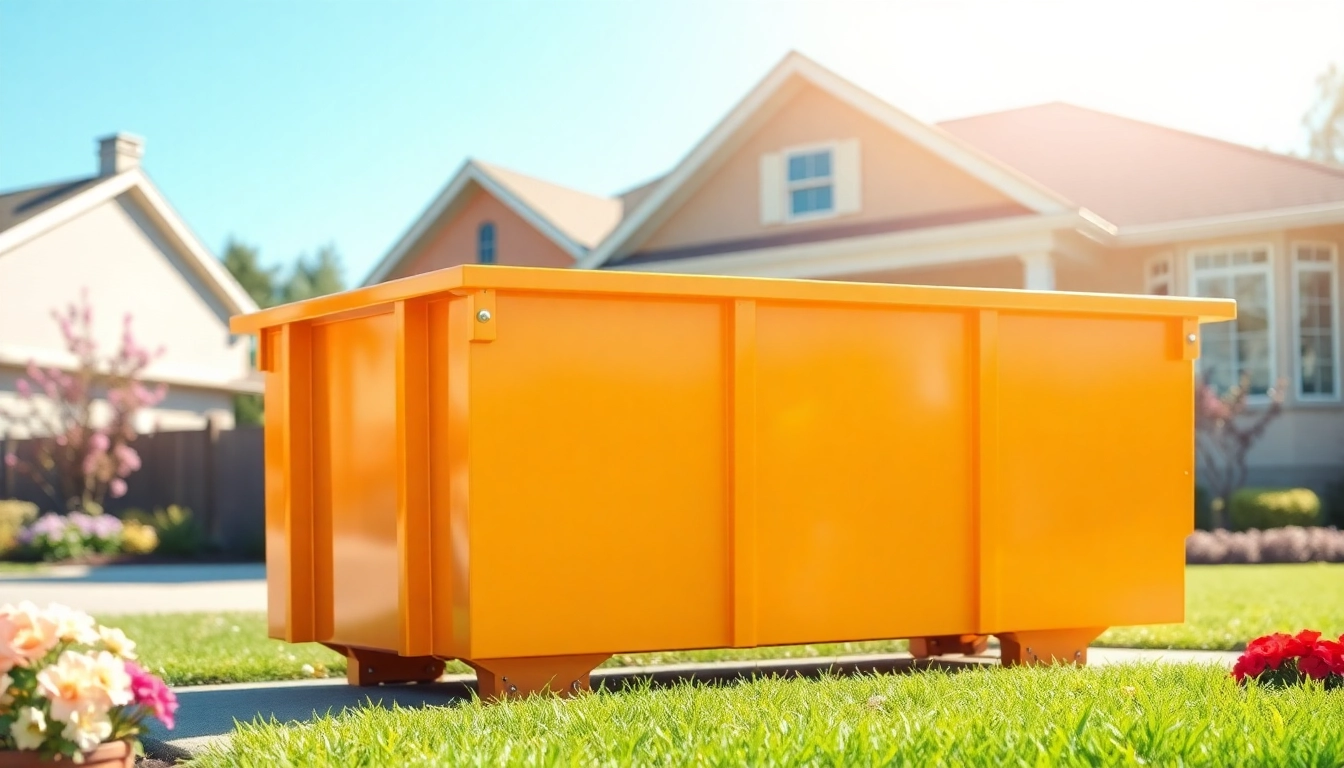 Residential bin rental service with a clean roll-off dumpster outside a suburban home.