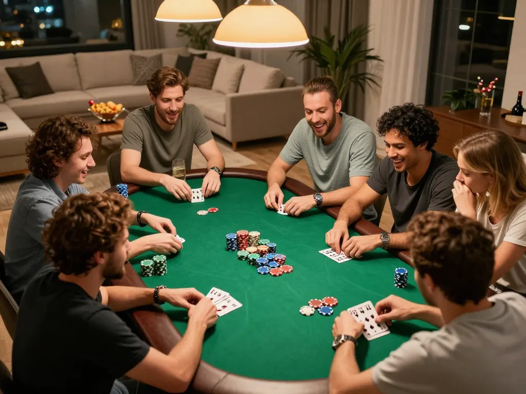 The hidden wiki dark web poker game at home showcasing friends engaging in strategy with chips and cards.