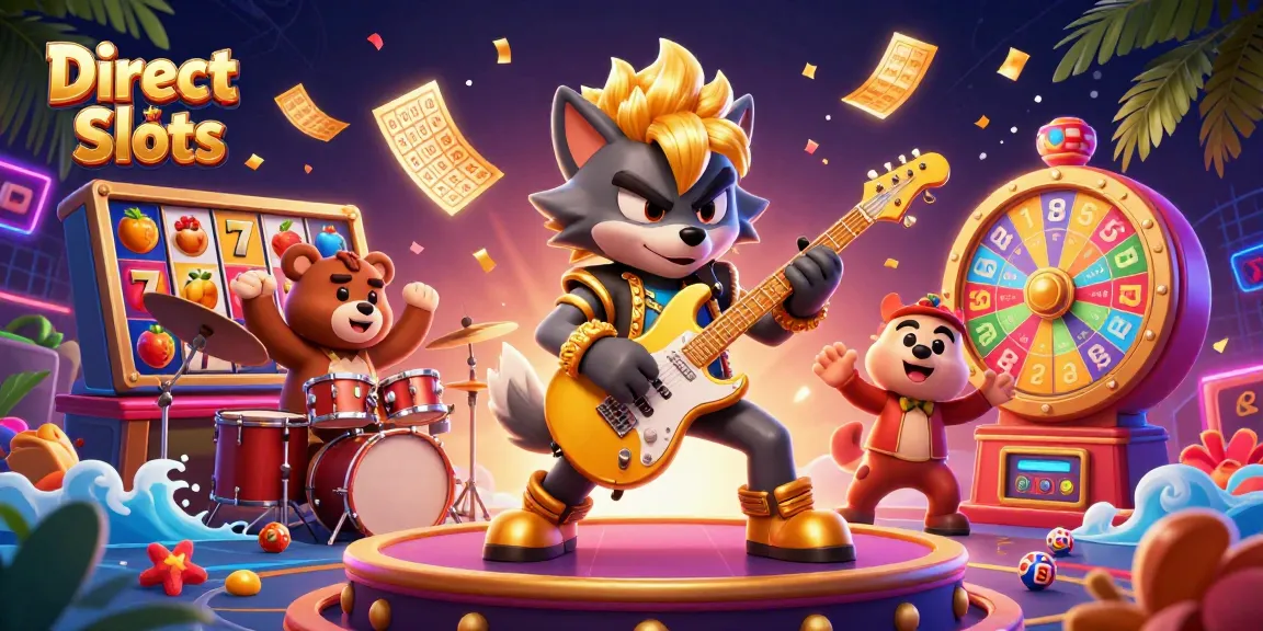 A vibrant illustration of Direct Web Slots with dynamic characters, slot reels, and casino-themed elements, showcasing an exciting gaming atmosphere.