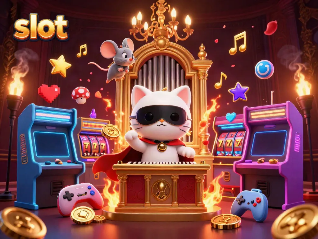 Slot gacor dengan karakter animasi kucing putih misterius dan mesin permainan arcade di kasino.