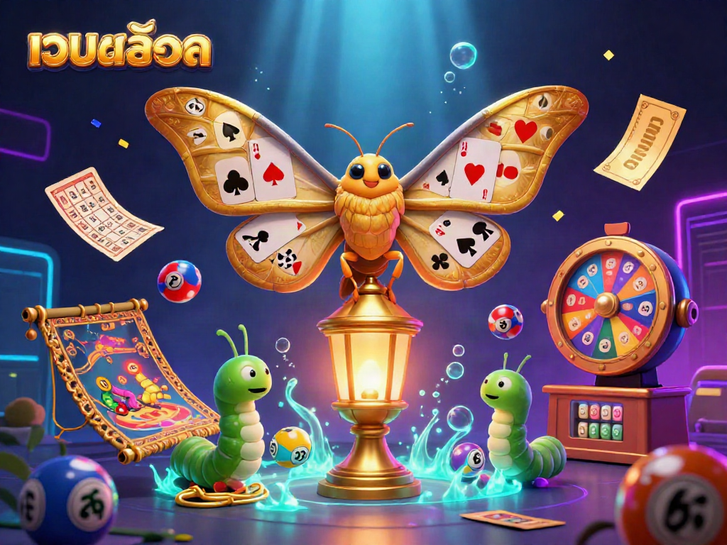 Engage with เว็บสล็อต as colorful lottery balls bounce around a majestic moth symbolizing gambling excitement.