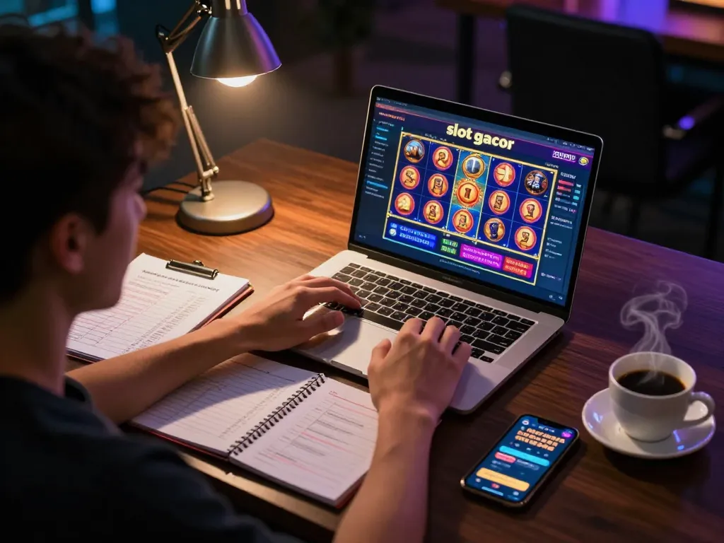 Engaging in slot gacor gaming on a laptop, showcasing strategic moves and responsible gambling.