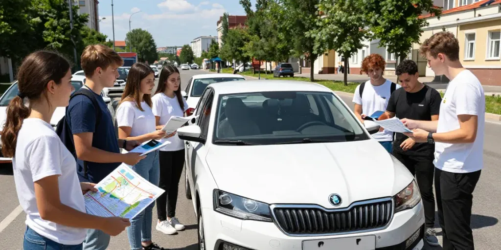 Students engaged in learning at scoala auto chisinau with modern Skoda Fabia.