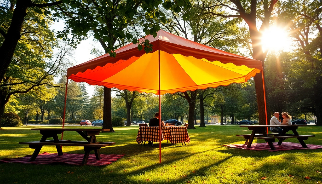 Set up a colorful canopy tent in a sunny park for a joyful outdoor picnic.