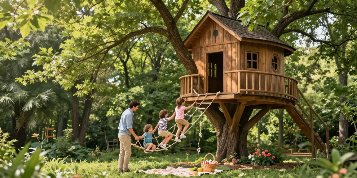Family enjoying tree house life together in a lush woodland.