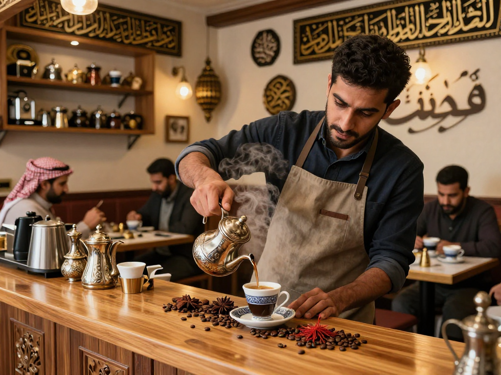 قهوجي الرياض يحضر القهوة العربية التقليدية في مقهى دافئ.