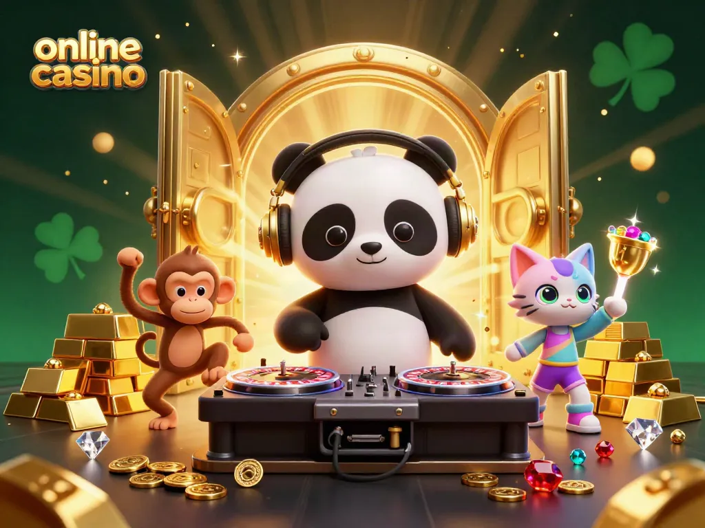 Experience the vibrant energy of an online casino scene with playful characters celebrating wins.