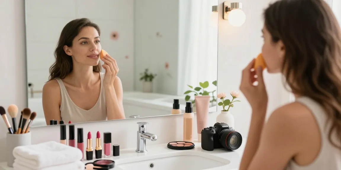 Applying silicone sponge makeup for a flawless finish in a bright bathroom.