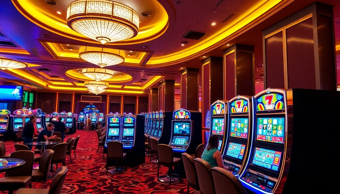 Para pemain menikmati mesin slot Depo 5k dalam suasana kasino mewah.
