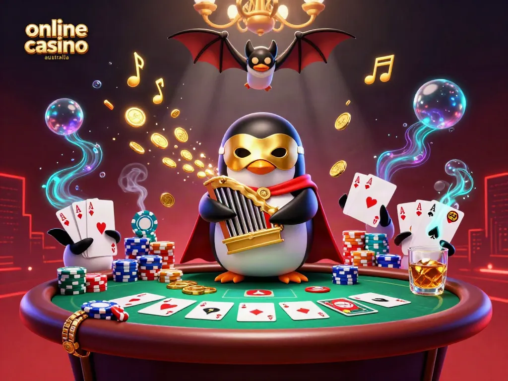 Experience vibrant gameplay at online casino Australia with a whimsical penguin organist and playful poker elements.