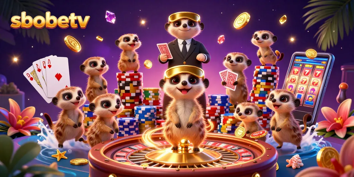 Sneak a win with sbobetv in an exciting cartoon casino run by meerkats in a vibrant scene.