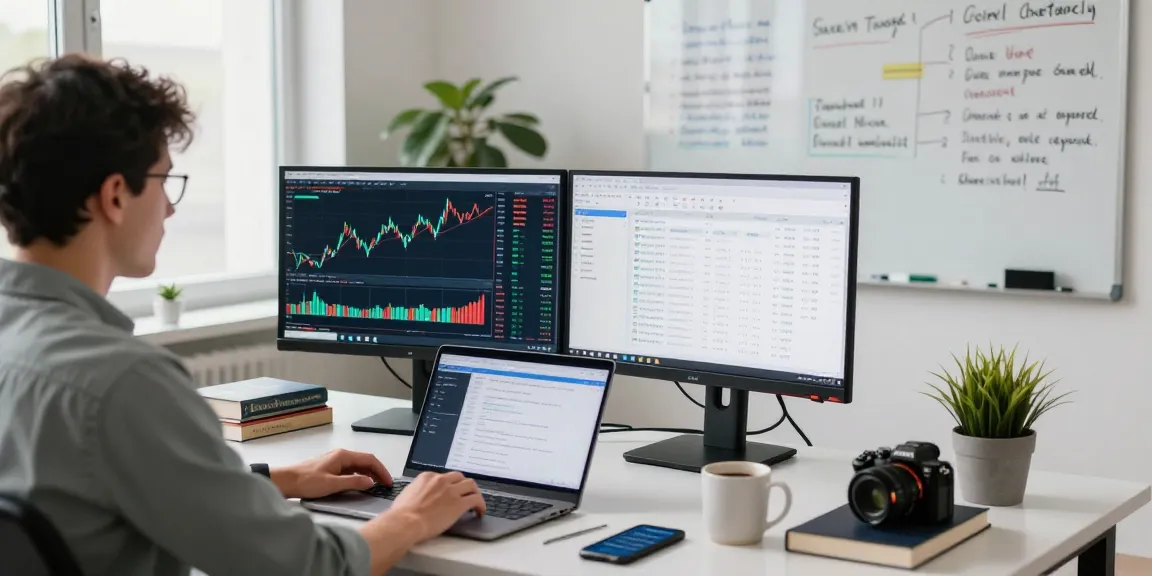 Forex trader using MetaTrader 4 on dual monitors in a professional workspace.