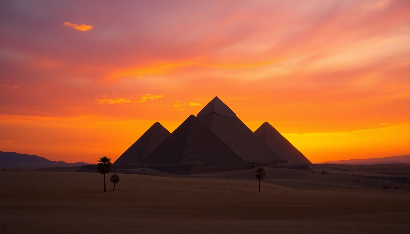 Capture of Great Pyramids of Giza at sunset showcasing piraminds under dramatic sky.
