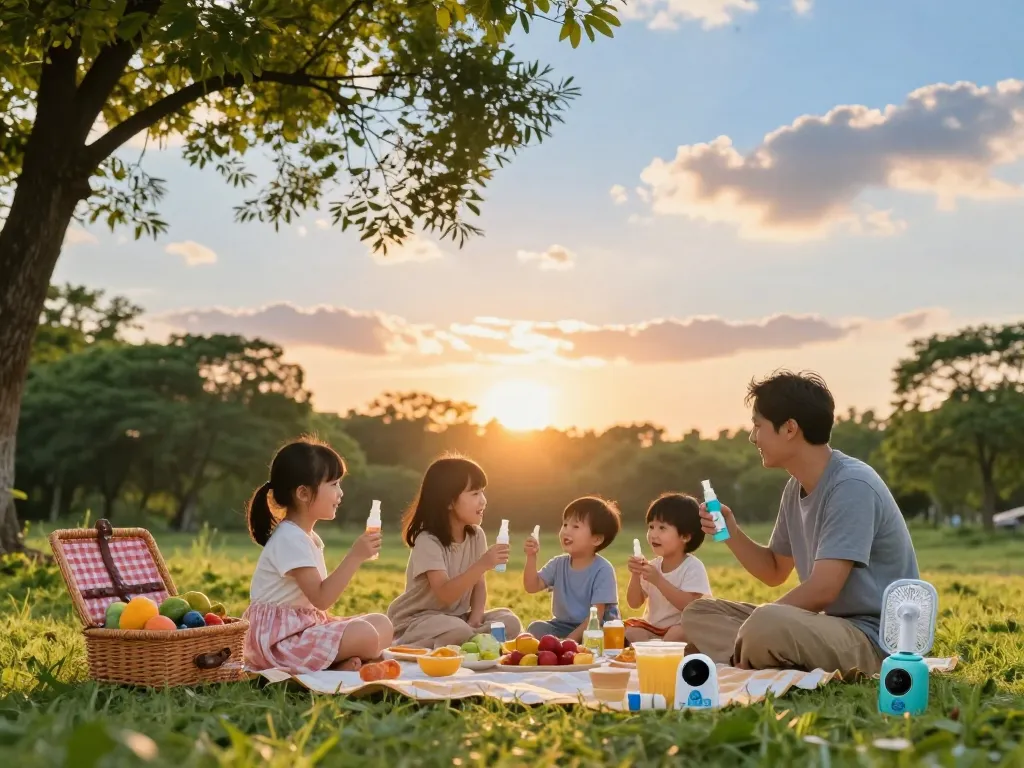 Family picnic enjoying outdoor activities with mosquito repellent protection during sunset.