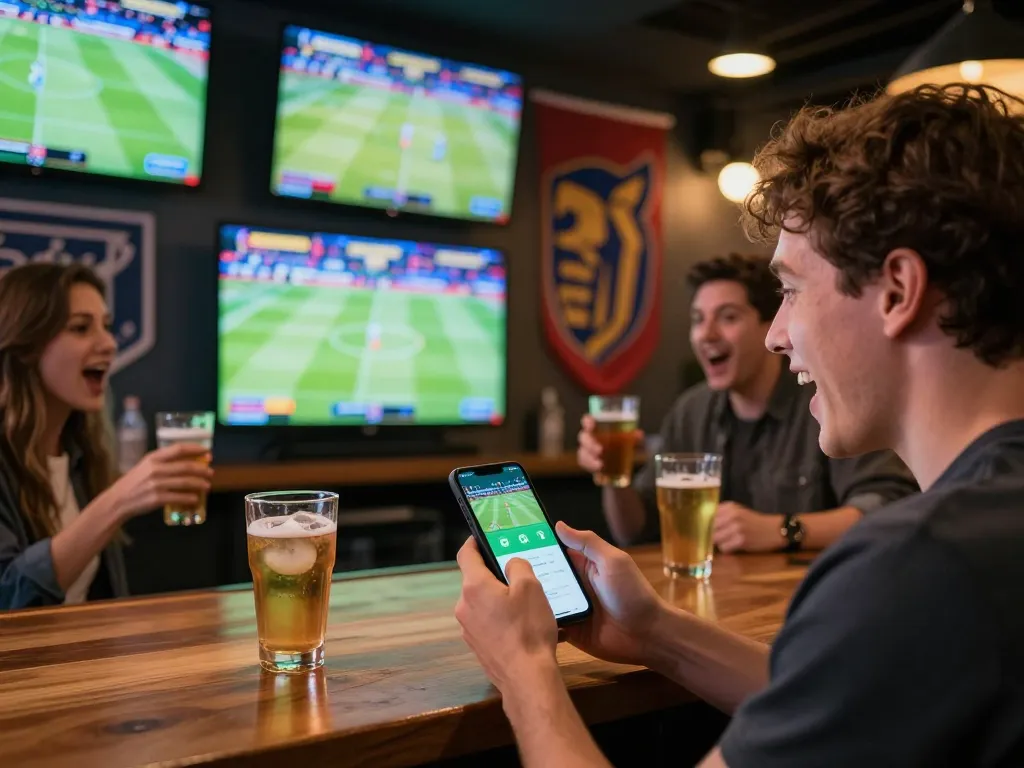 Person using cacuocbongda app to place sports bets while enjoying a live match in a lively bar setting
