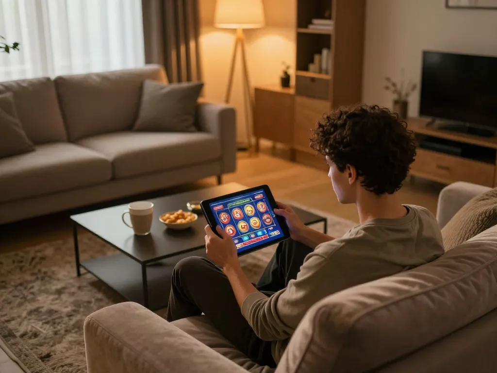 Person engaging with casino esteri che accettano italiani on a tablet in a cozy living room setup.