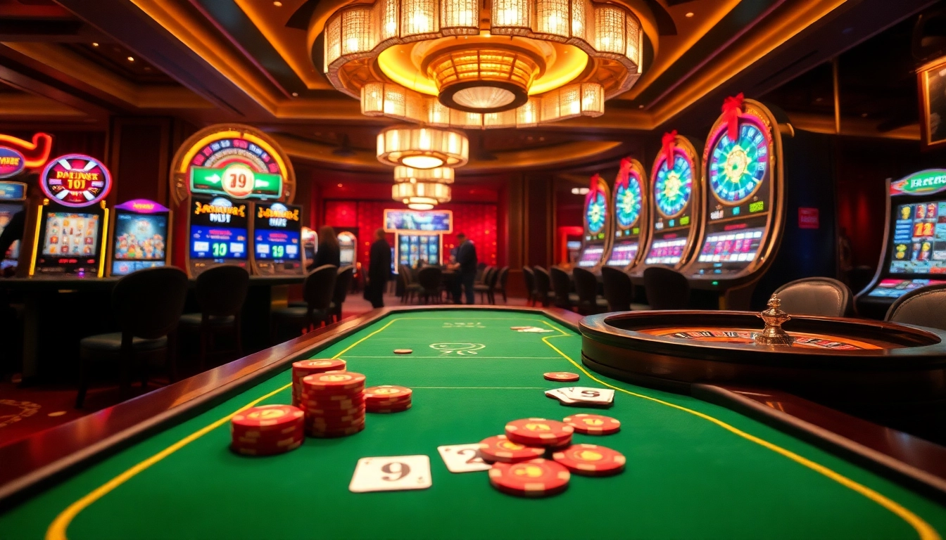 PS 99 poker table with vibrant chips and roulette wheel in a luxurious casino setting