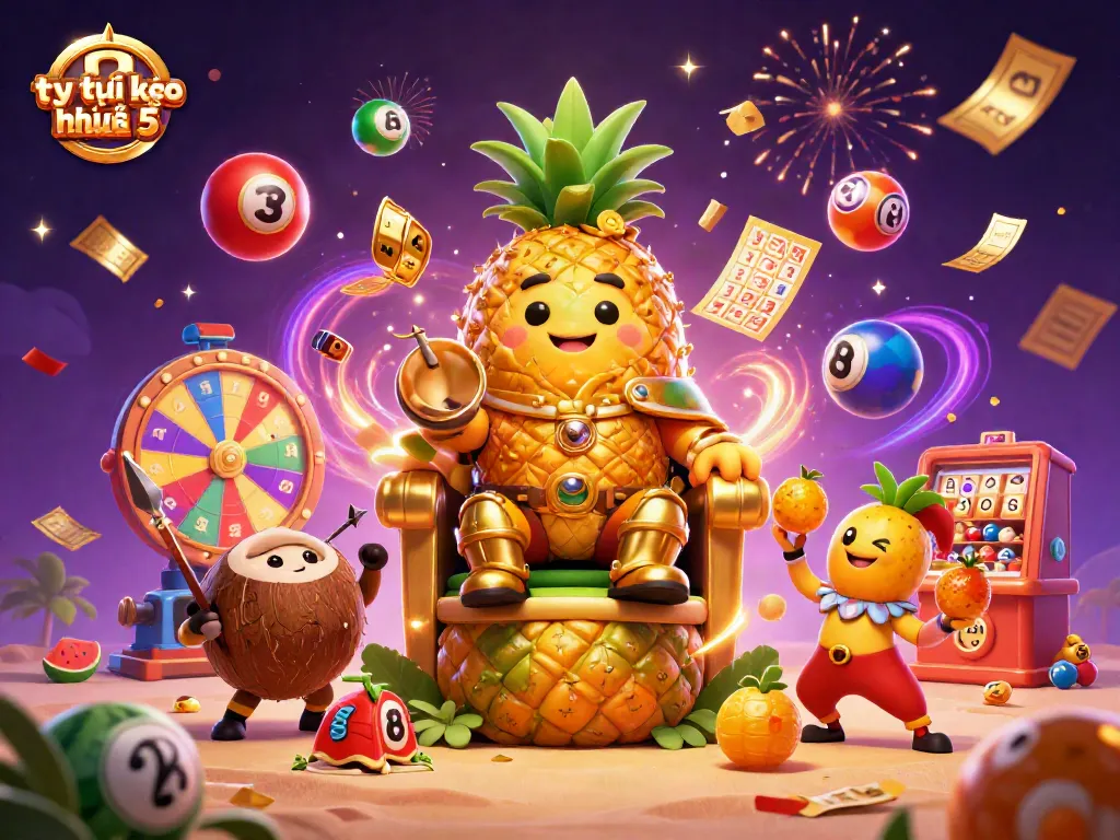 Engage with tỷ lệ kèo nhà cái 5 through this vibrant and dynamic casino scene featuring a golden pineapple king and festive elements.