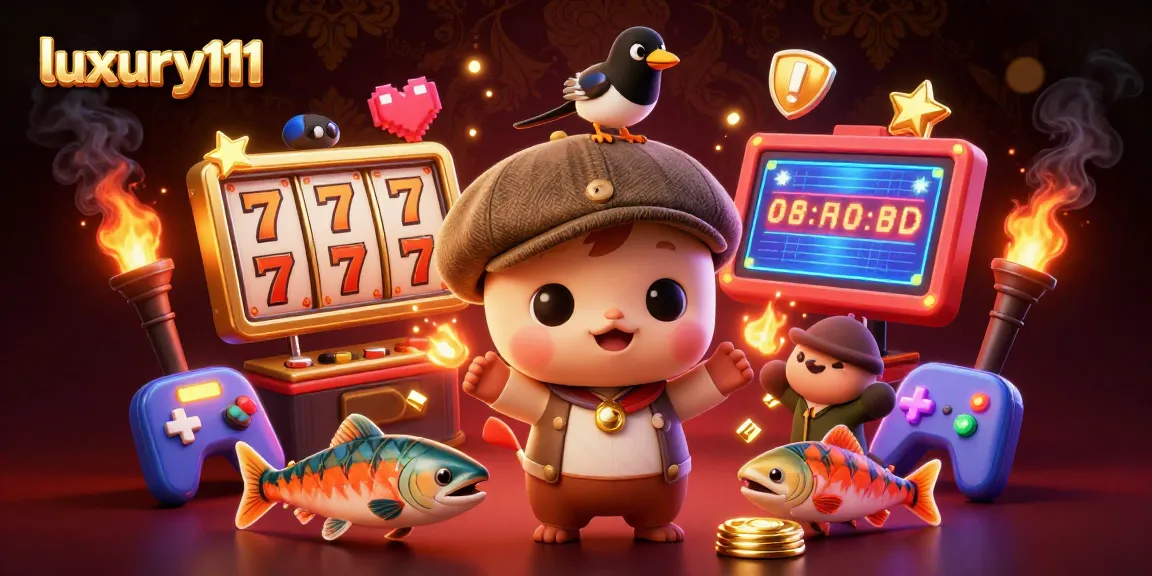 Engage with luxury111 through a vibrant 3D casino scene featuring Nessie and colorful slots.