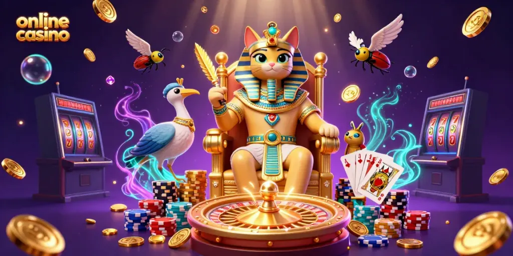 Engage with an online casino experience featuring Egyptian-themed characters and casino elements.