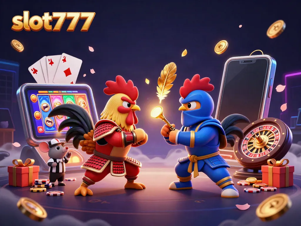 Permainan slot777 dengan dua ayam bertarung dan elemen kasino yang dinamis.