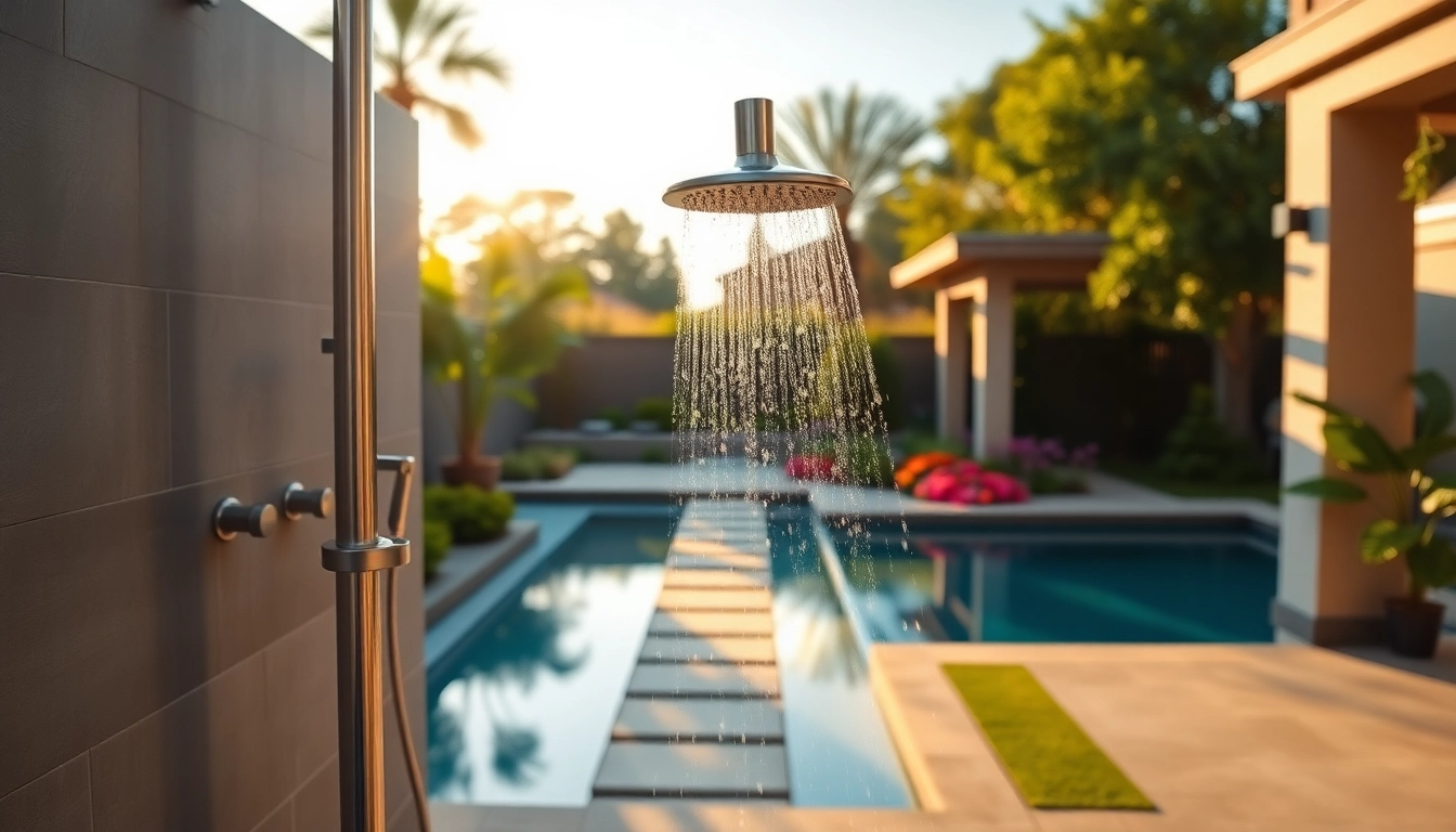 Experience the beauty of sunny shower USA with a stylish outdoor shower in a modern garden setting.
