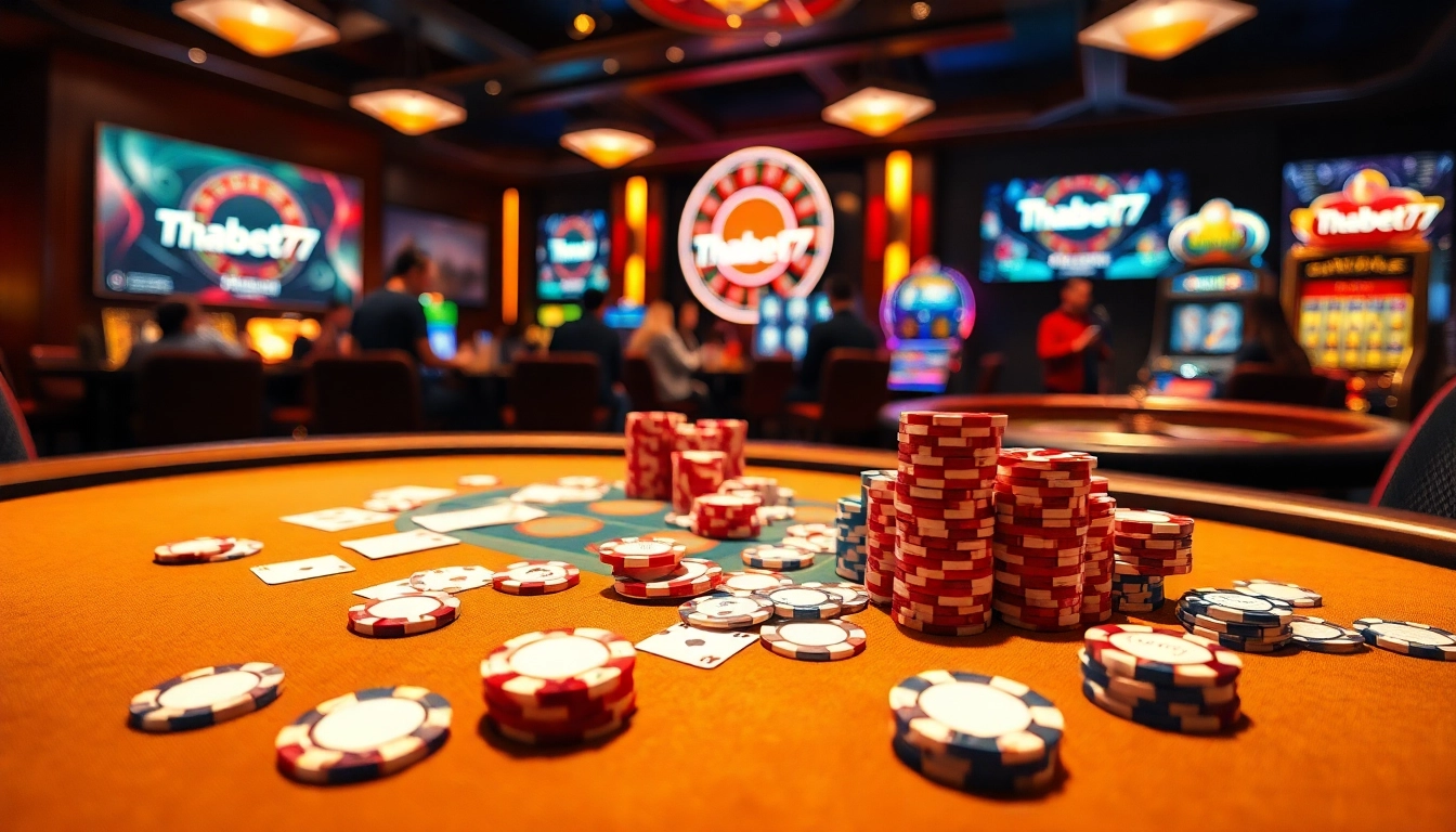 Experience an exciting game at the Thabet77 casino table with vibrant chips and action-packed gameplay.