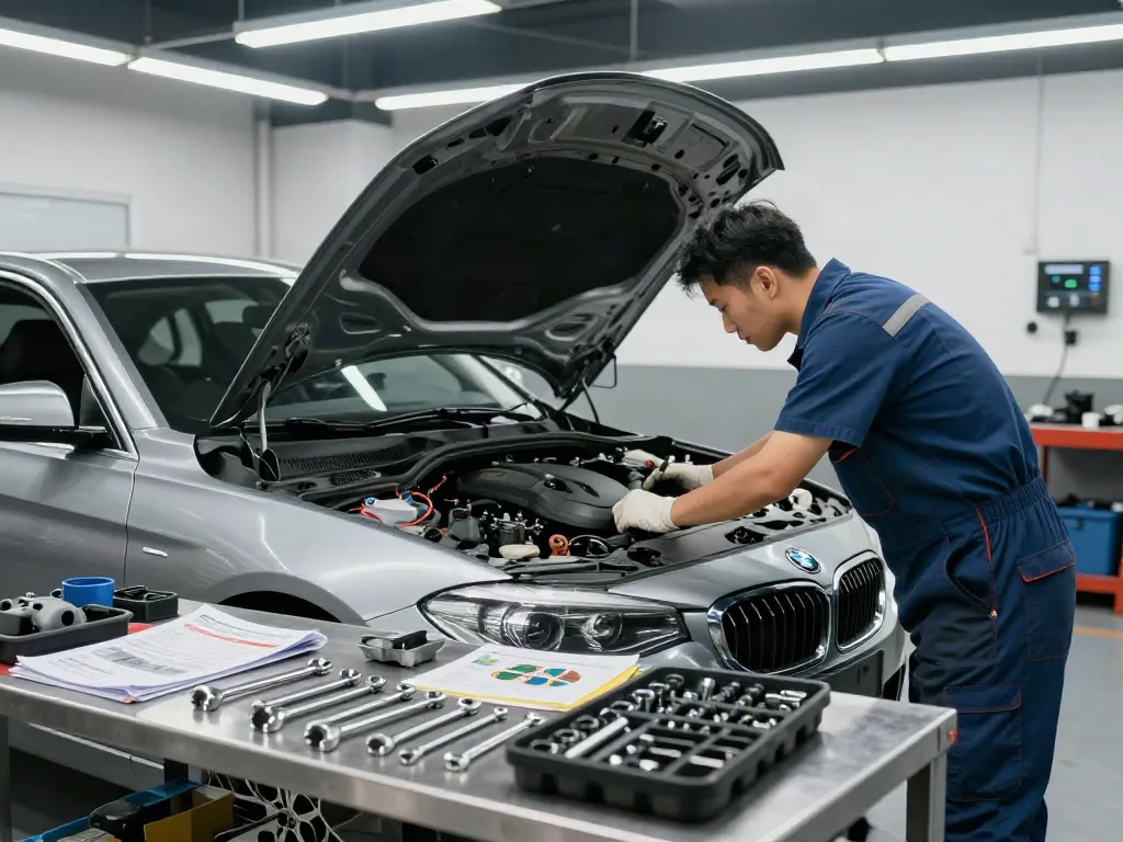 BMW Steuerkette wechseln in einer professionellen Werkstatt, Mechaniker bei der Arbeit an einem BMW.