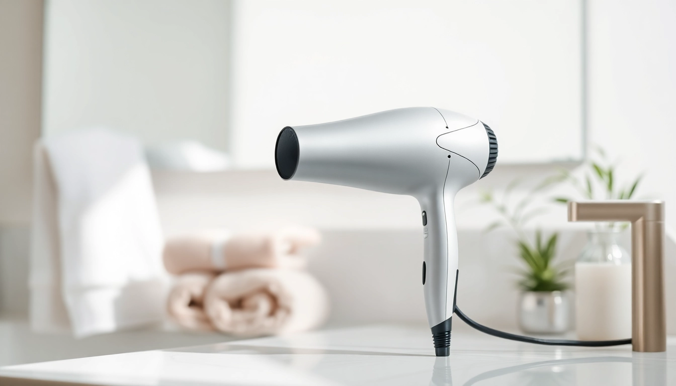 Styling with a hair dryer for fine hair in a modern bathroom setting.