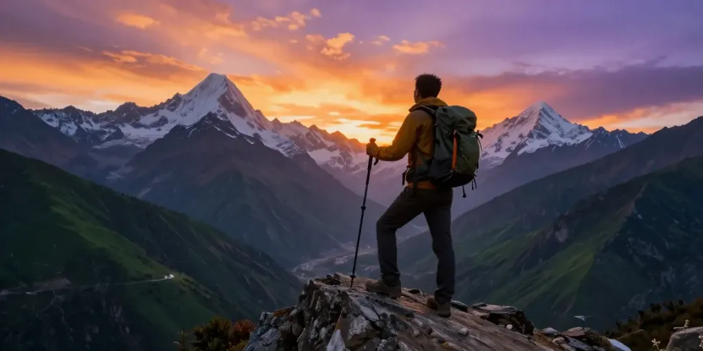 Trek to Manaslu Circuit, adventurer celebrating at sunset on a Himalayan peak