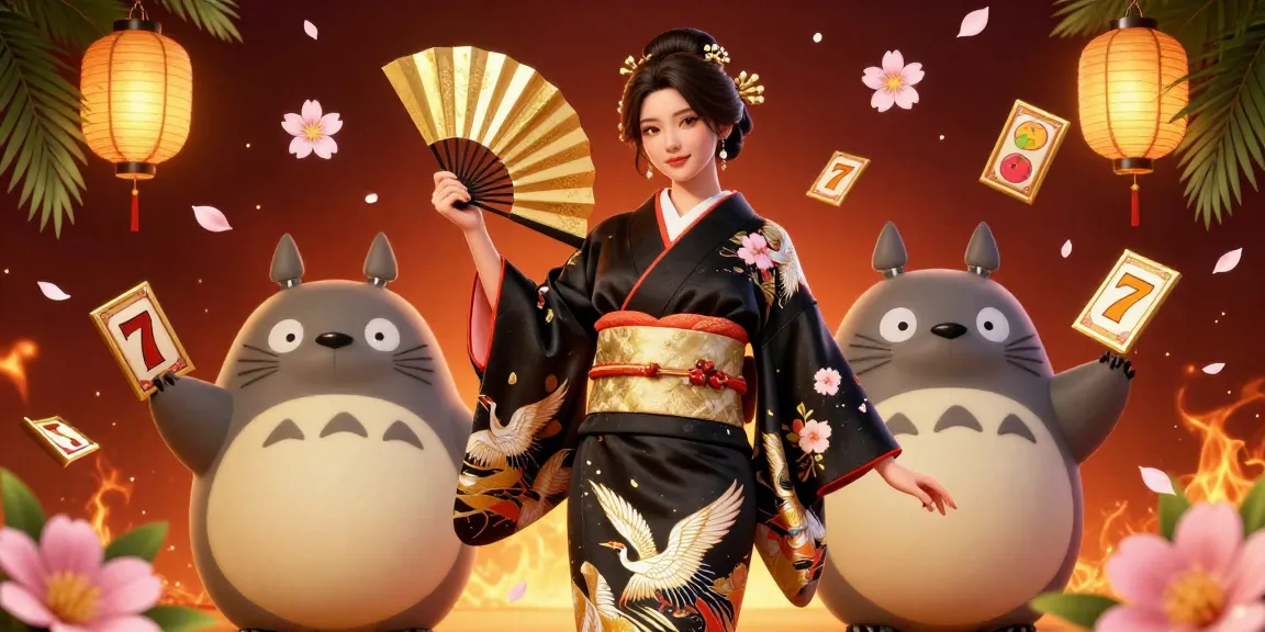 Vivi l'emozione nei casino non AAMS con una scena stilizzata di una donna elegante e un tanuki, vibrante di simboli di gioco.