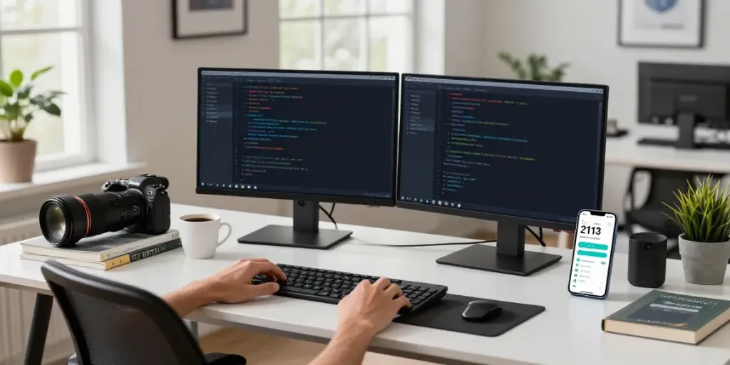 Developer coding Android apps in a modern workspace with 2113 Apps displayed.